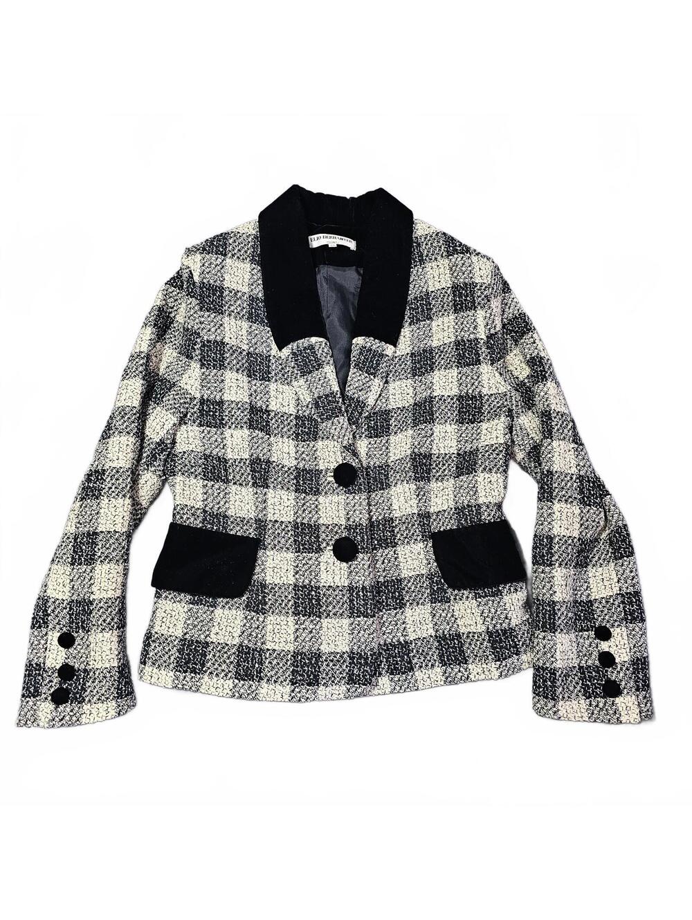 Elio Berhanyer Women's Size EU 46 US 14 Black White Checkered Blazer Velvet Trim